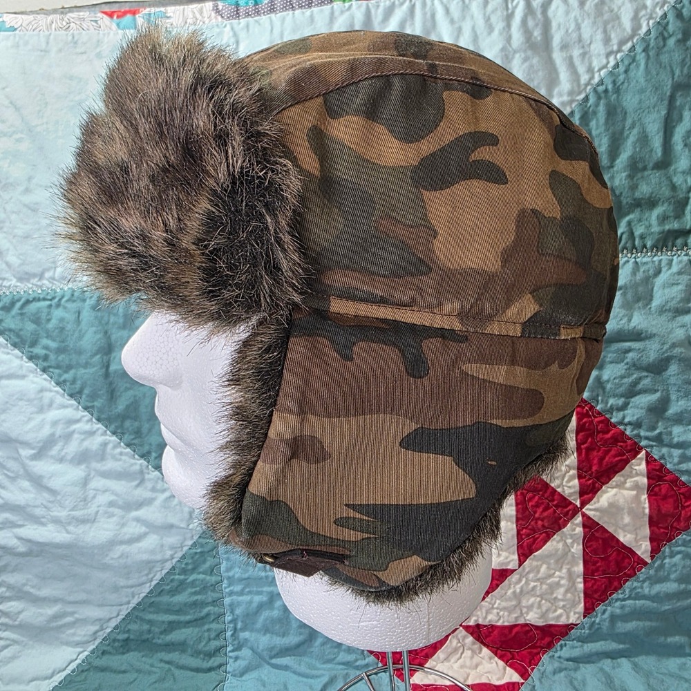 Target Kids Camo Trapper Hat Faux Fur Trim Ear Flaps Green Brown Size 8-16
